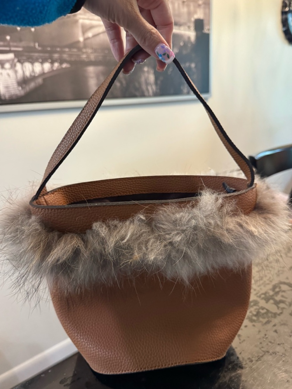 Chestnut Brown Faux-Fur Trim Women’s Handbag
